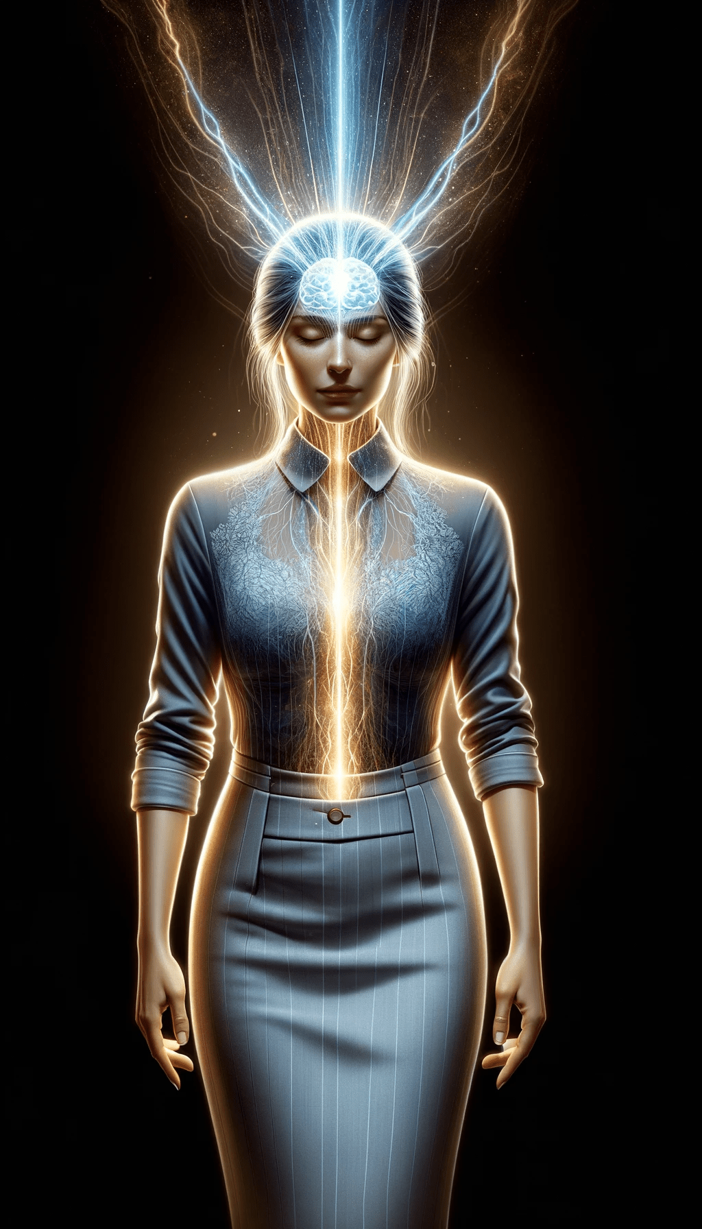 DALL·E 2023-11-22 08.48.59 - Create a realistic image of a clothed woman standing, with a clear and visible stream of energy flowing up her spine and focusing on the very front of