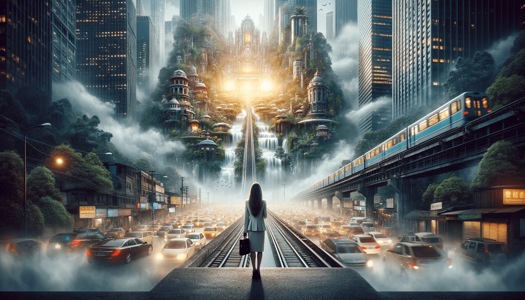 DALL·E 2023-11-23 08.41.47 - Create a detailed image depicting a businesswoman on a smog-filled city street representing the hustle and bustle of urban life. The street is packed